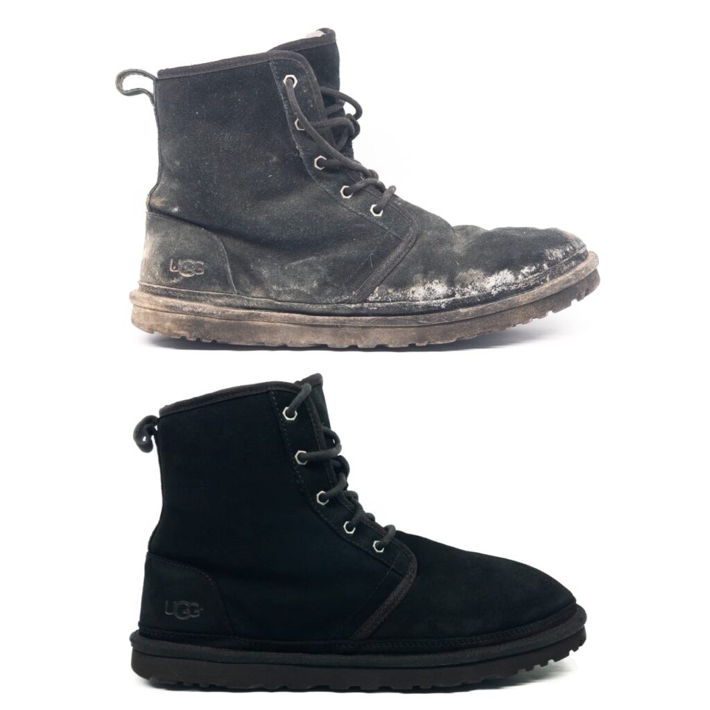 Чёрный ботинок UGG до и после химчистки
